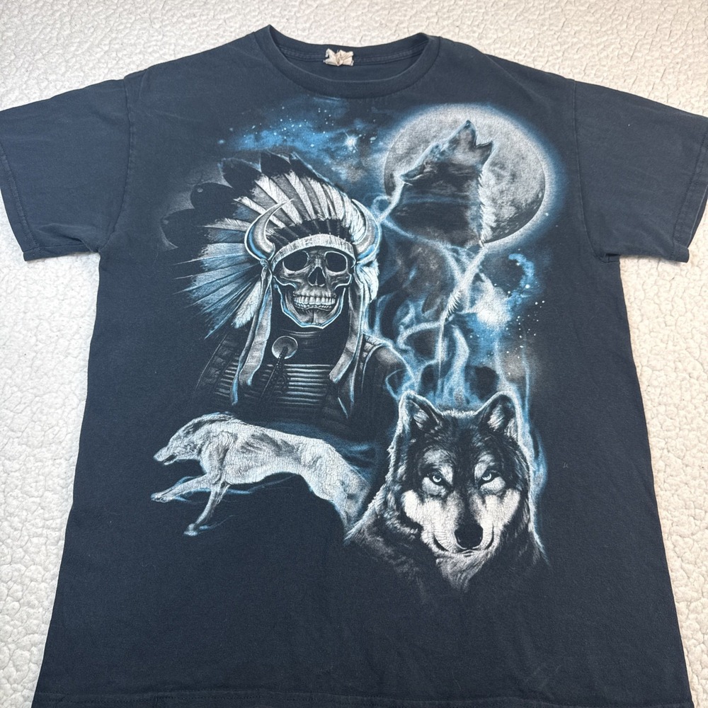 VTG Wolf Airbrush Art T shirt Men's Medium Gilded Y2K Nature Moon Indian Black